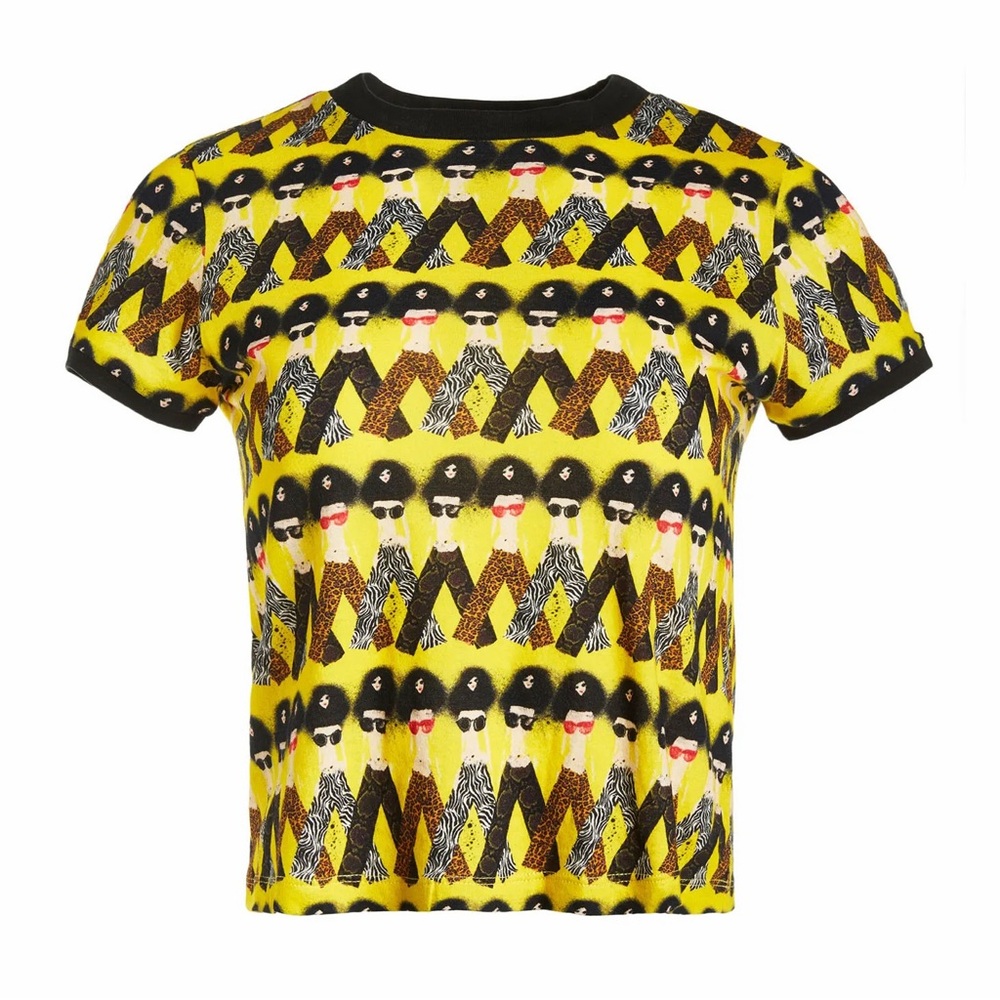 Alice + Olivia x Donald Robertson Crazy Pants Ringer T Shirt Tee Top Yellow S